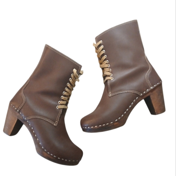 MAGUBA Handmade Brown Lace Up Boots Wooden Block Heel Ankle Boots sz 7 - Picture 1 of 11